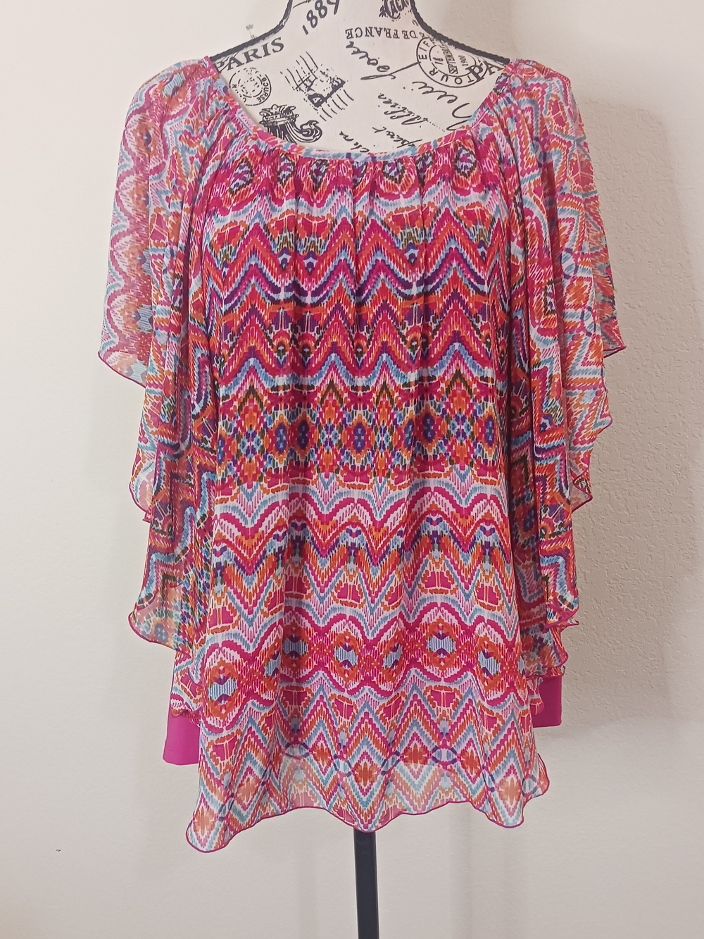 Cato Multicolor Flutter Sleeve Blouse - Pink, Red Boho Flowy Top XL